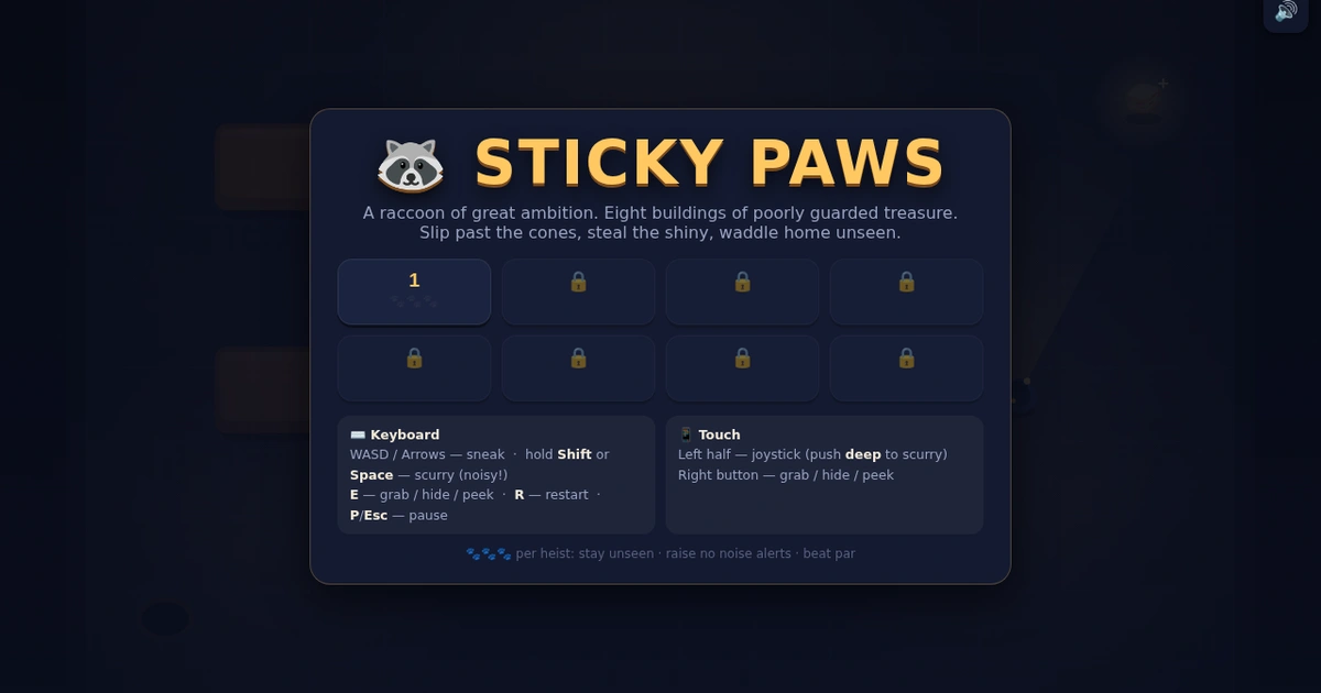 Sticky Paws — raccoon stealth heist in cartoon-noir